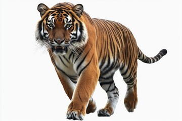 Fototapeta premium A single Bengal tiger walking with a determined look on its face. A close-up image highlights the animal's features and muscular build.