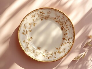 Vintage floral porcelain plate with gold detailing on a soft pink surface