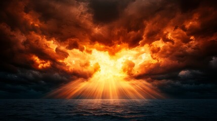 A dramatic sunset illuminates dark clouds above a calm ocean, casting vibrant rays of light across the water, creating a serene yet powerful atmosphere.