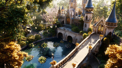 Obraz premium stunning castle surrounded by lush greenery and serene pond, featuring elegant towers and charming bridge