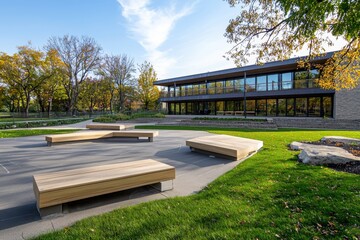 Collaborative learning space for outdoor education and recreational activities in a public park green environment inviting community gathering lively atmosphere