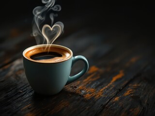 Blue cup with heart shaped steam on a wooden table, a cozy and romantic image, great for coffee, Valentine's Day or love themed projects.