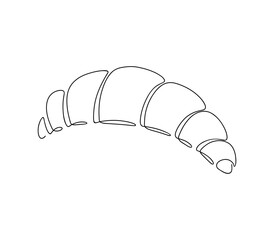 Croissant, black and white graphic illustration with one continuous line, contour drawing, vector, hand-drawn. Delicious bagel for decoration, label, design. French pastries, breakfast.