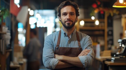 A barista in a coffee shop apron, ready to serve customers with their choice of beverages and food.