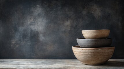 Stack of Ceramic Bowls on Rustic Wooden Surface