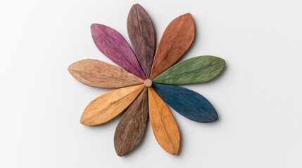 Colorful wooden flower decoration on white background