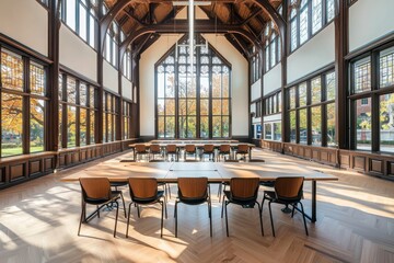 Collaborative learning space in traditional educational institution for online degree programs historic environment virtual lectures structured curriculum