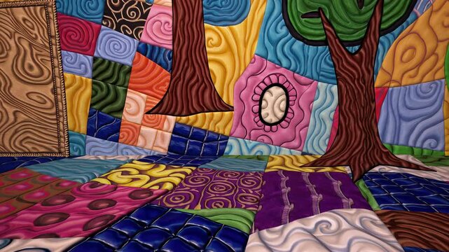 patchwork quilt illustration featuring swirling patterns, trees, and vibrant textures in a whimsical style
