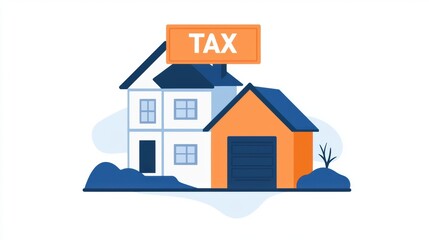 Flat design property tax concept with house illustration and tax label sign