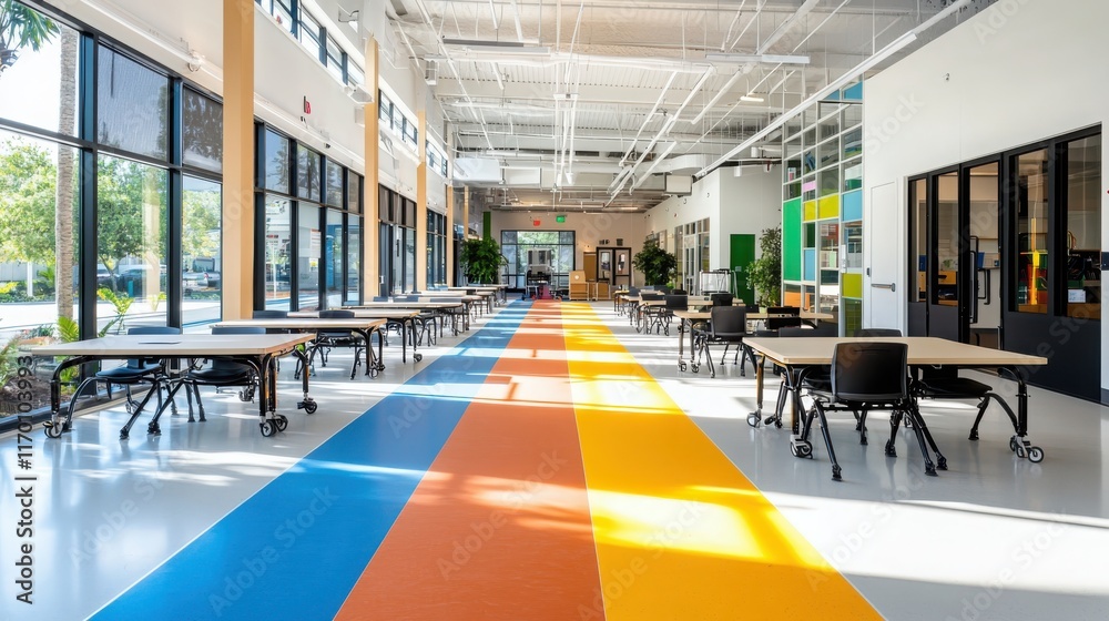 Poster collaborative learning space emphasizing accessibility and adaptive technology brightly colored envi