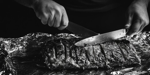 Culinary scene of a chef skillfully preparing food. In focus are the hands using a sharp knife on a cutting board to chop ingredients for a meal.