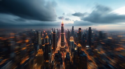 City simulation game. Futuristic buildings. Future urban landscape. Soft focus of city skyscrapers, roads with traffic. Cyberpunk photo of future city view of modern big skyscrapers in neon light.
