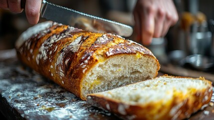Freshly baked bread being sliced on a wooden board.