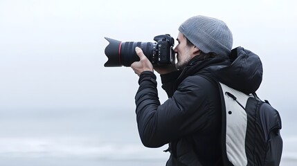 A_photographer_holding_a_professional_camera_isolated