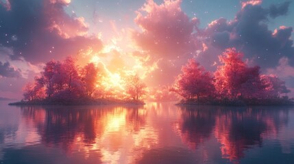 Naklejka premium Idyllic sunset over tranquil lake with pink trees on small islands.