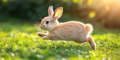Fototapeta premium A bunny is dashing on a grass lawn under the sun. The image captures the essence of springtime energy and playfulness.