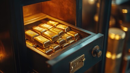A collection of gold bars, each bar with text on it, held in a safe or vault. The metal is lustrous and the scene suggests value and security.