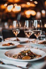 Fototapeta premium A fine dining setup with plates of food, wine glasses and elegant decor on a lit restaurant table.