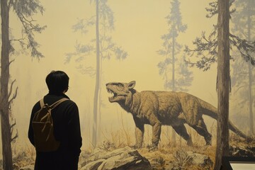 Museum visitor viewing prehistoric animal exhibit