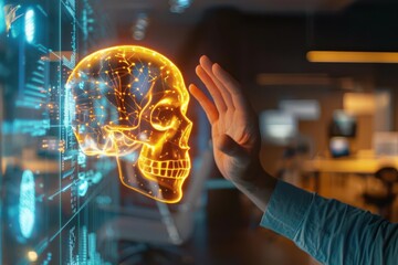 Obraz premium A hand reaches toward a glowing digital skull, symbolizing technology and human interaction.
