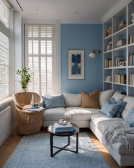 Fototapeta premium Chic reading and living room combination featuring a baby blue sofa bookshelves and large windows letting in natural light transitional interior design