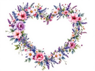 Floral heart shaped arrangement with lavender and roses, creating a romantic and elegant scene, perfect for wedding, Valentine's day or love concepts with space for text.