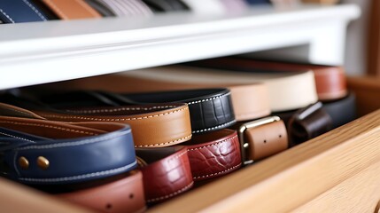 Colorful leather belts neatly arranged in a wooden drawer.