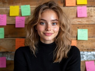 Portrait of a young woman with freckles and wavy hair, smiling at the camera