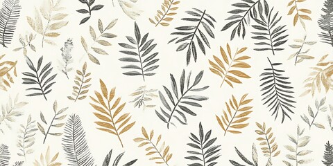 Gold & gray leaf pattern, seamless design, white background, textile print.