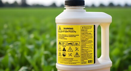 Crop protection in action: pesticide bottle highlighted amidst a serene golden wheat field under the sunset.
