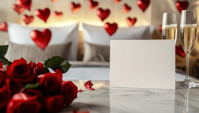 Romantic Getaway: A blank card sits on a marble table next to a bouquet of red roses, two champagne flutes, and a bed adorned with red heart balloons.