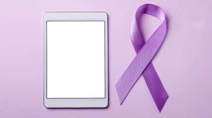 A stylish, modern tablet sits on a light pink table next to a purple cancer awareness ribbon. Tablet mockup, top view, close-up. The concept of treatment and struggle for life