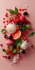 Close-up of a vibrant mix of red fruits and berries with ice cream scoops, perfect for summer desserts and refreshing treats
