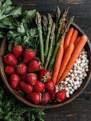 Fresh organic produce in a wooden bowl