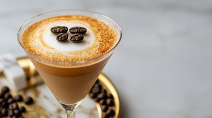Craft cocktails spirits taste concept, A stylish dessert cocktail garnished with coffee beans, served in a martini glass on a golden tray with coffee beans scattered around.