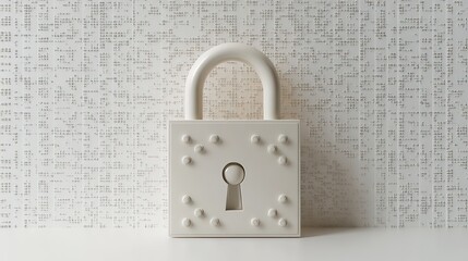 Future technology, security and cyber protection concept with front view on padlock binary code printed on circuit surface and white background with place for advertising poster. 3D rendering, 
