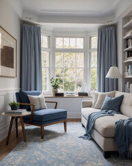 Bright and airy living room featuring a baby blue couch bookshelves and large windows providing a peaceful and natural setting transitional interior design