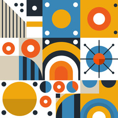 Modern geometric pattern with abstract shapes like circles, triangles, and lines in vibrant orange, blue, black, and beige. Perfect for backgrounds, wallpapers, and prints.