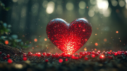 A glowing red heart-shaped crystal surrounded by small red stones, emitting a sparkling light, creating a romantic and enchanting atmosphere in a blurred forest-like background


