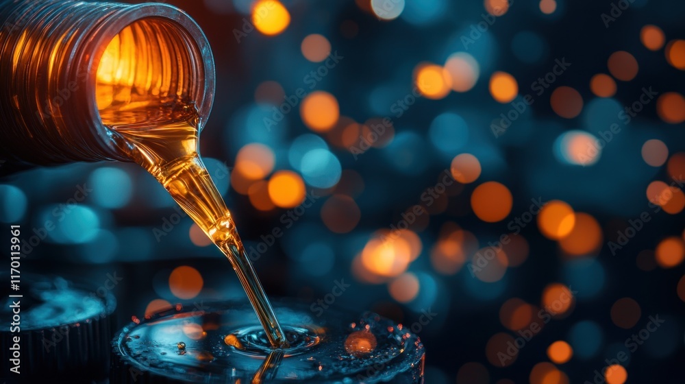 Poster a close-up of liquid being poured into a container, with a bokeh background.