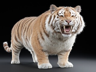 Closeup of a majestic tiger with its mouth open, showing its teeth.
