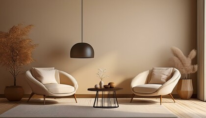 A 3D rendering of a home design featuring a living room with a pendant light, coffee table