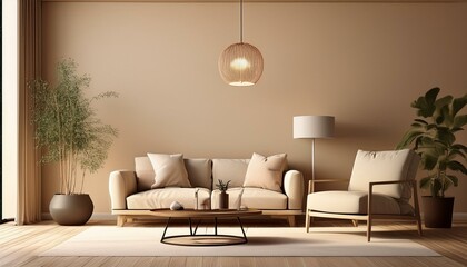 A 3D rendering of a home design featuring a living room with a pendant light, coffee table