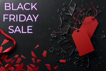 Modern Black Friday Sale banner with shattered glass effects, bright red sale tags, and a countdown timer overlay.