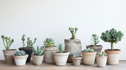 Fototapeta premium A cluster of Crassula plants in various pots, arranged on a wooden table with natural light and earthy tones.