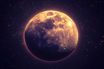 Naklejka premium Orange full moon in dark space with stars.