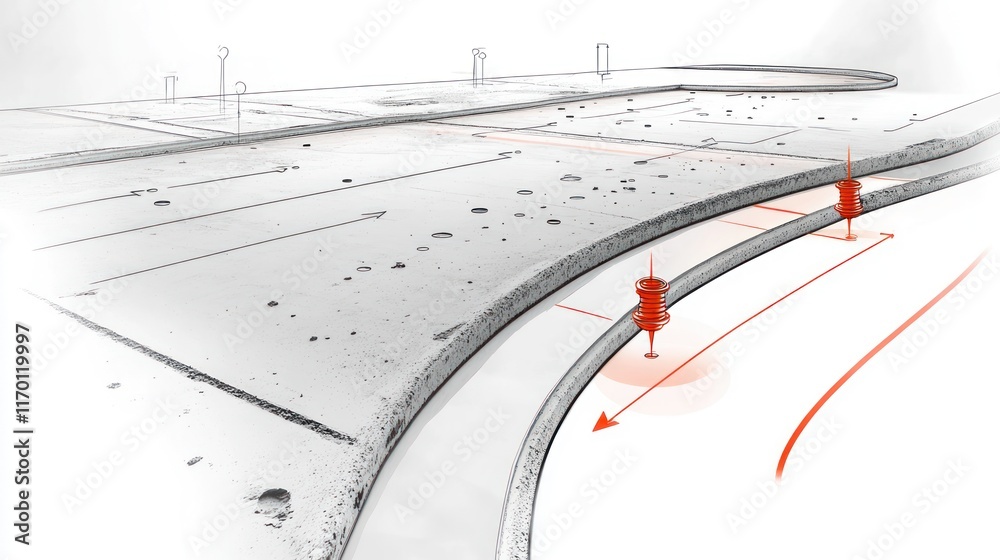 Aufkleber a conceptual design of a curved road with red markers and a minimalist landscape.