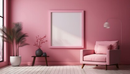 A 3D rendering of a pink room with an empty picture frame on wall serves as a mockup or modern living room with pink sofa