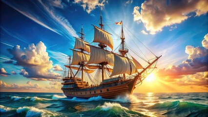 Fototapeta premium High-resolution image: A glorious galleon sails under a brilliant sun on a calm sea.