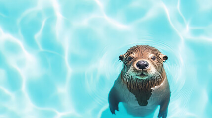 Fototapeta premium Adorable otter swimming playfully in a serene blue pool, showcasing its charming facial expression and expressive eyes, highlighting the joy of summer fun and aquatic life.